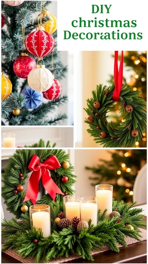 A collection of DIY Christmas decorations including paper ornaments, a pinecone wreath, and a festive table centerpiece.